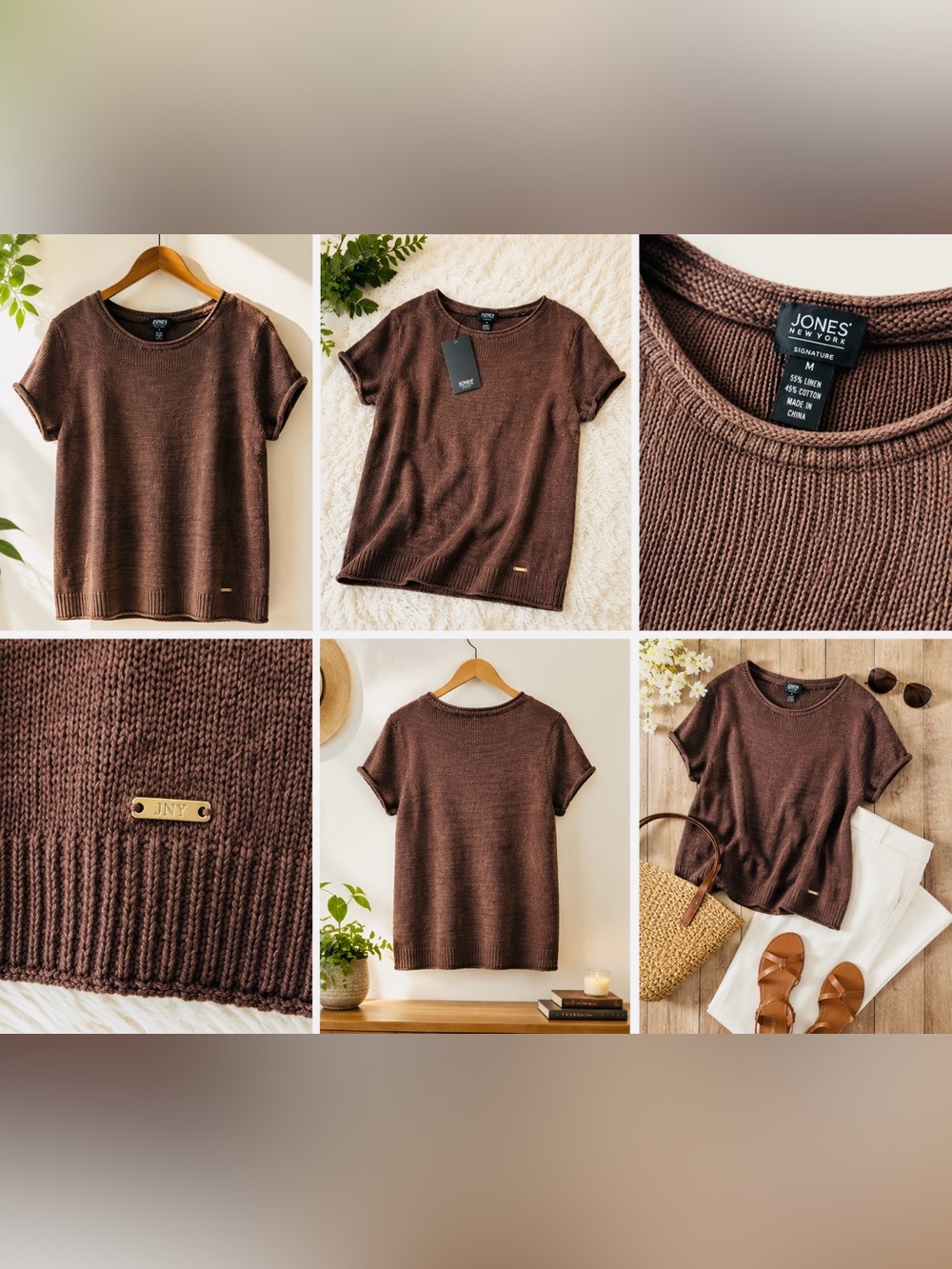 Jones New York Signature Brown Knit Short Sleeve Sweater Top Womens Medium NWT